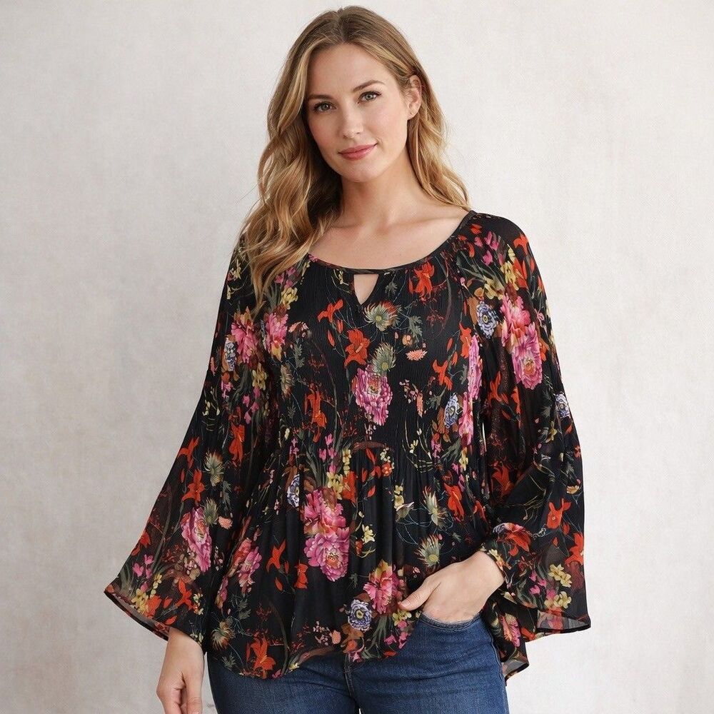 Women's Babydoll Top Shirt Large Artsy Vibrant Boho Geometric Accordian Pleats